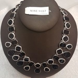 NWT:Nine West black and silvertone bib necklace.